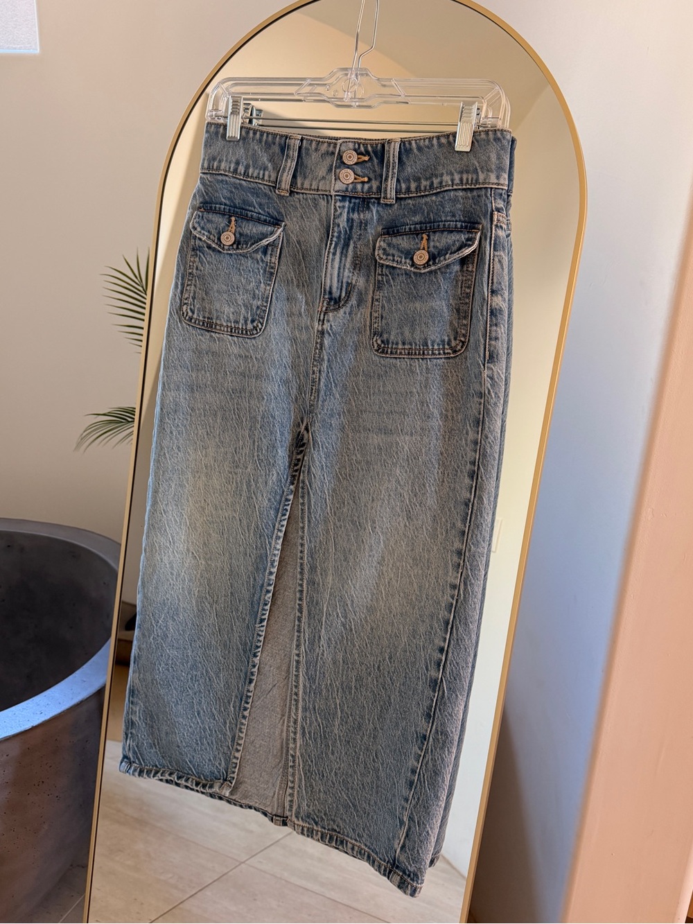 Free People High-Waist Light Wash Denim Midi Skirt with Slit